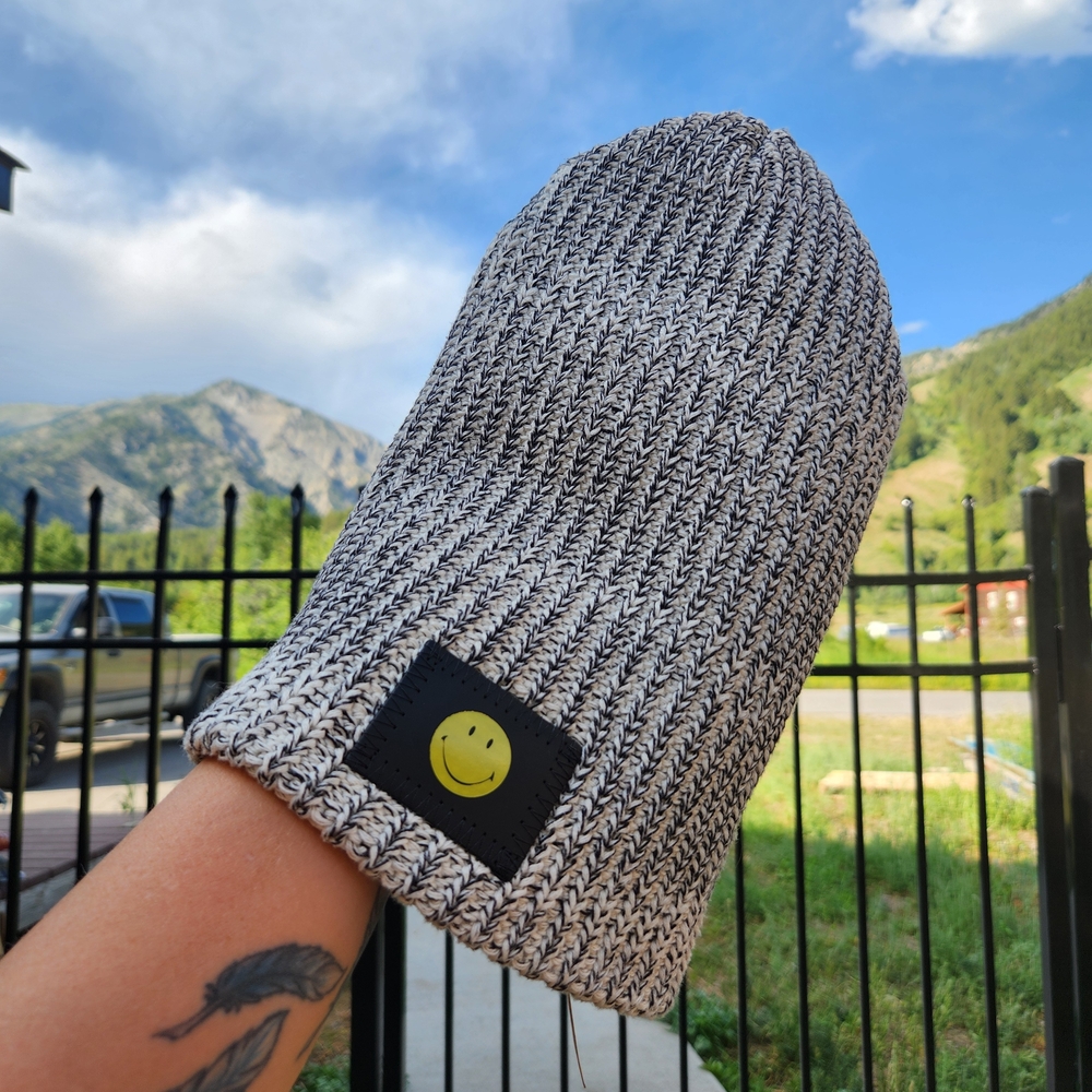 Love Your Melon Gray Knit Beanie with Smiley Patch